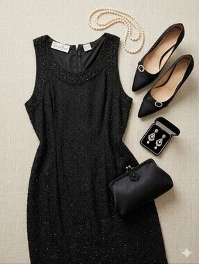 Laurence Kazar Black Silk Glass Beads Sleeveless Dress